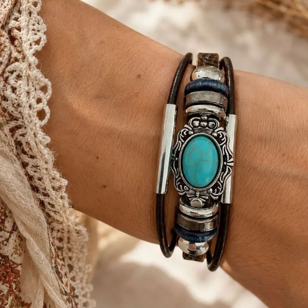Boho Western Brown Multi Strand Bracelet - Silver Tone with Turquoise Accent